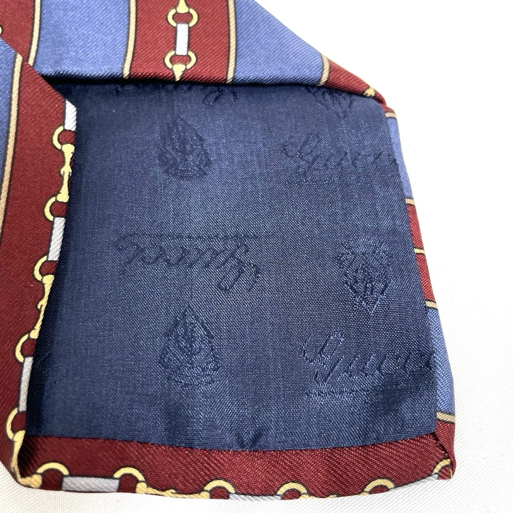 GUCCI 100% Silk Tie Red Blue Diagonal Stripe Gold Silver Chain Horsebit Italy - Picture 11 of 11